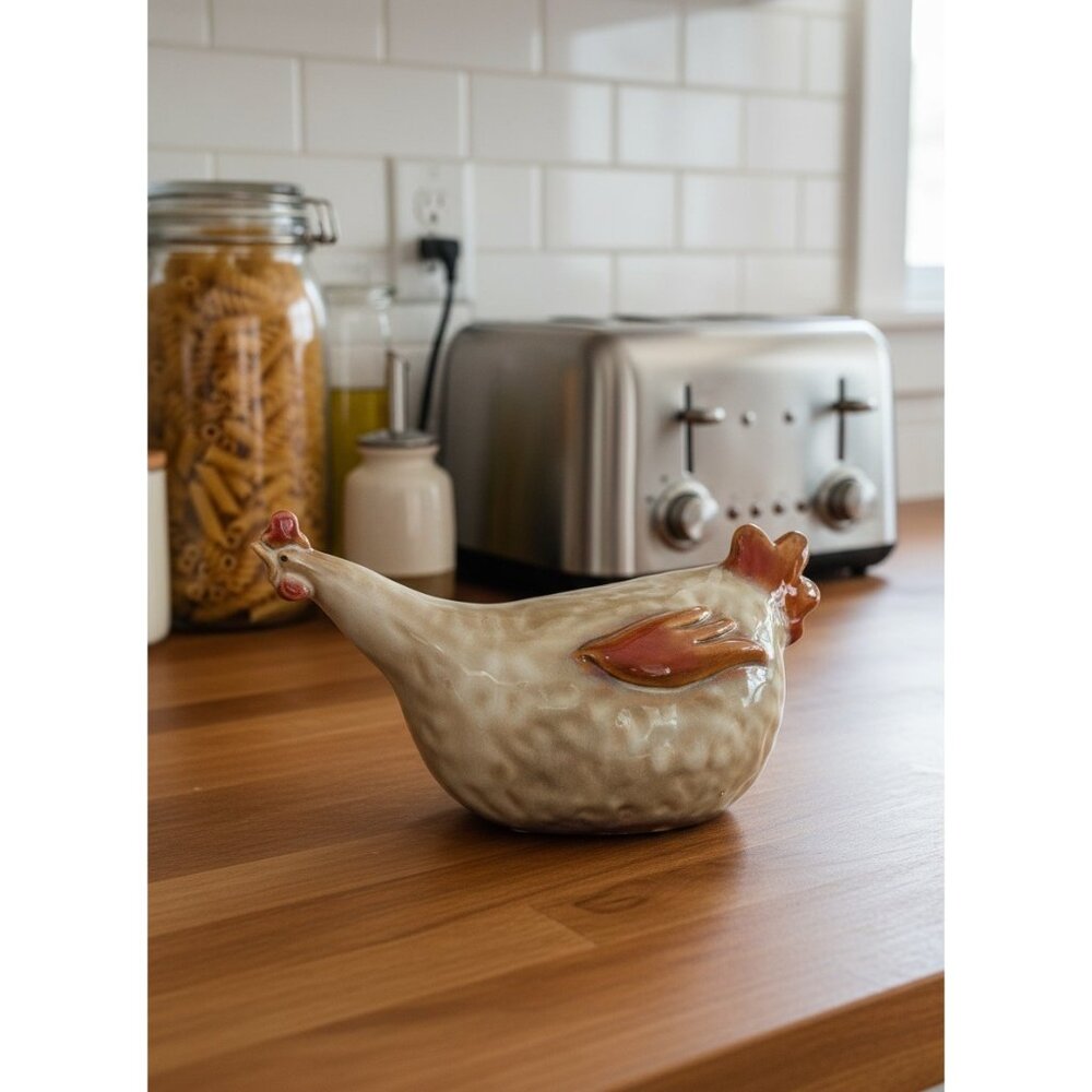 Ceramic White & Brown Chicken Figurine 10" x 6"‎ x 5" Decorative Farmhouse Style